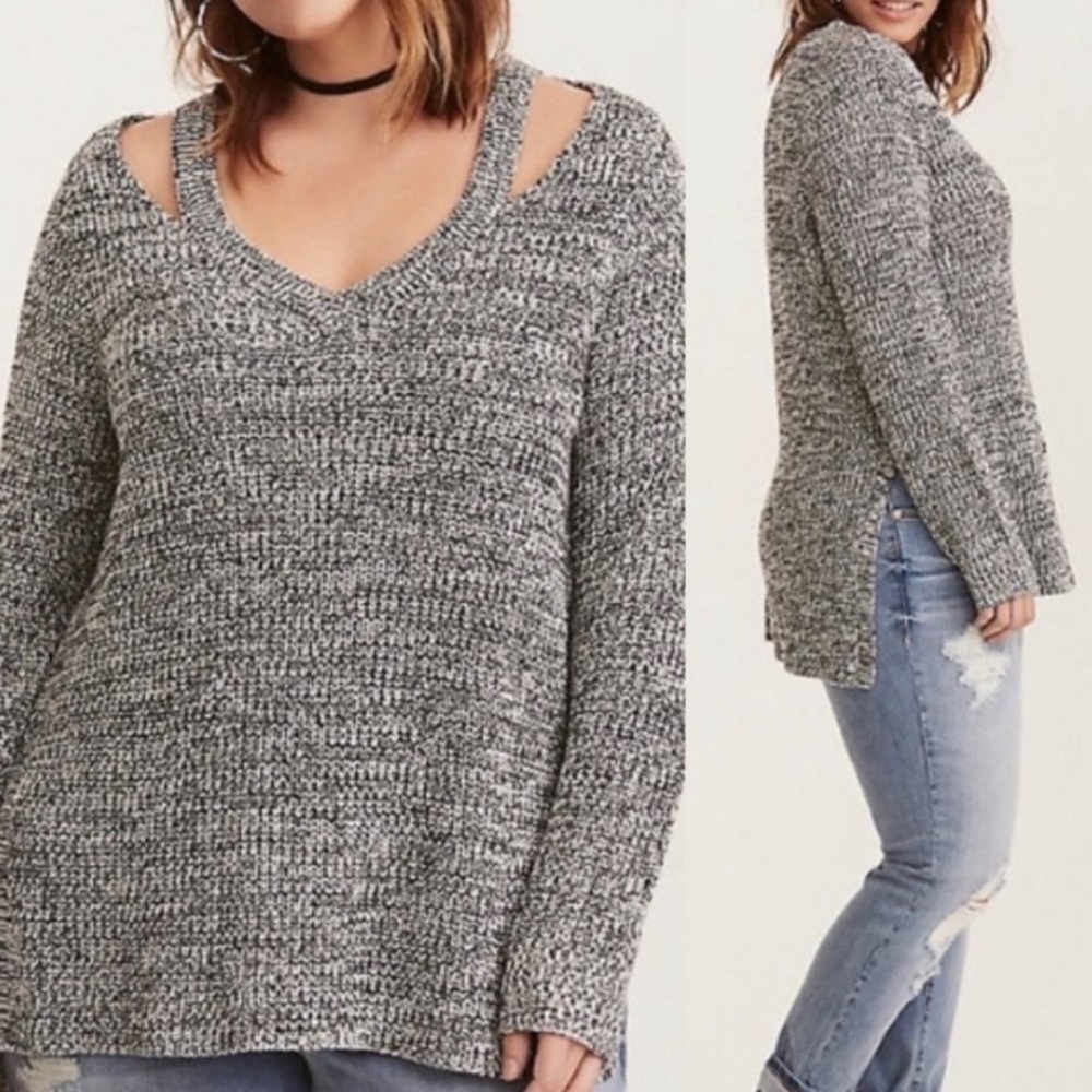 Torrid Womens Marbled Knit Split Neck Sweater Long Sleeve Hi Low Hem